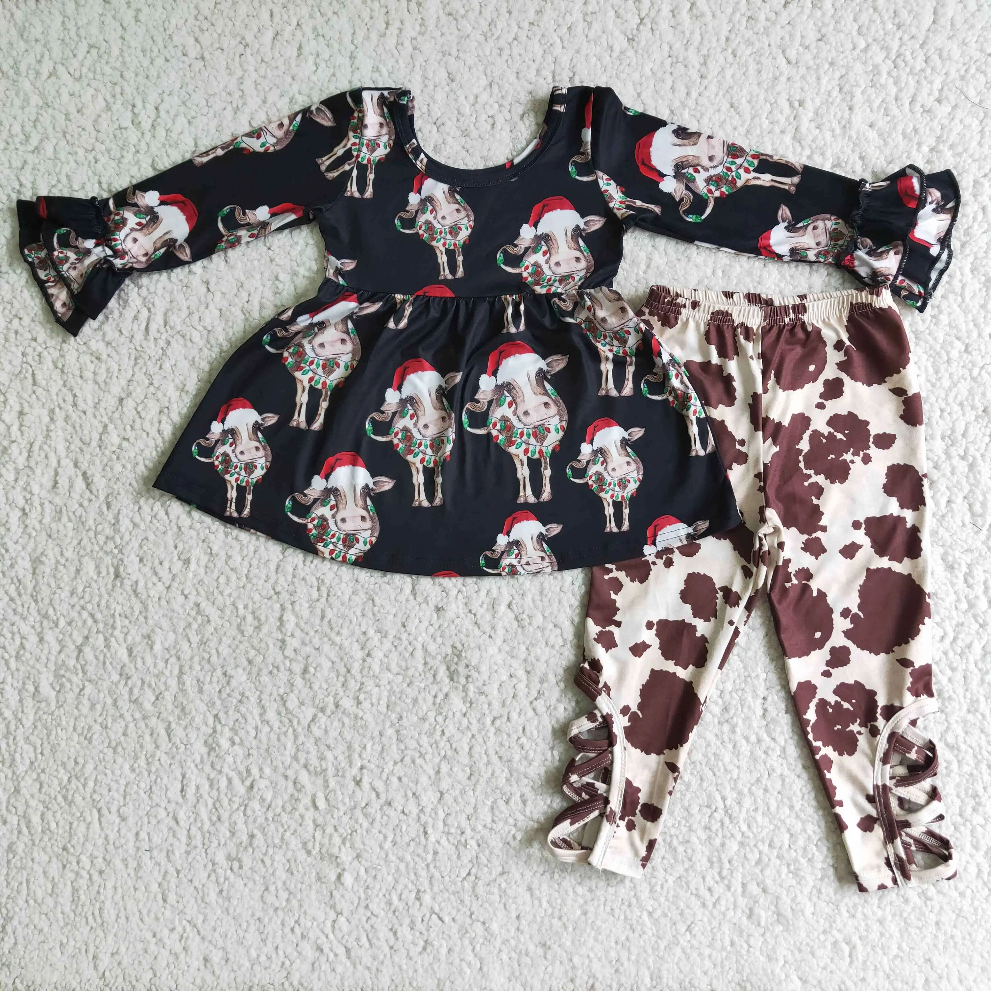 

Лидер продаж, дизайнерская блузка с оборками и длинными рукавами для маленьких девочек, с рождественским принтом коровы, брюки с чернильным принтом, комплект эксклюзивной одежды для девочек