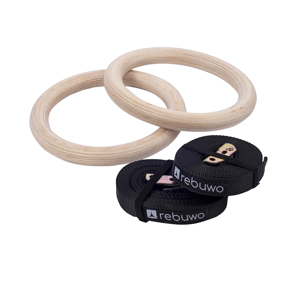 US $100.00 Rebuwo Wooden Gymnastics Rings Adjustable Straps Workout Gym Fitness Workout Equipment