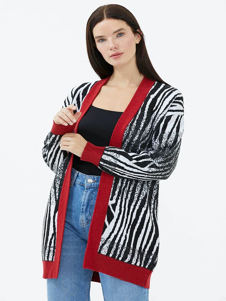 

V-Neck Open Stitch Zebra Patterned Wool Fabric Long Winter Knitwear Cardigan 2022 New Fashion Women's Outerwear 2 Color Options