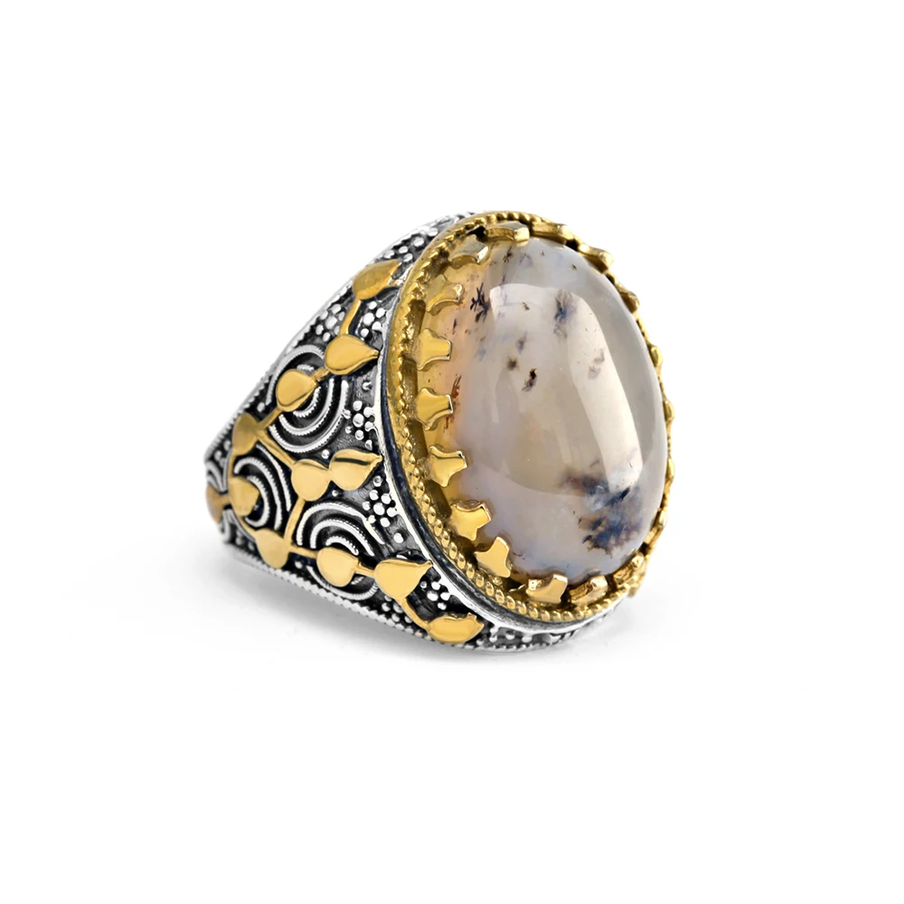 

Vintage Look Men 925 Sterling Silver Rings with Agate Stone