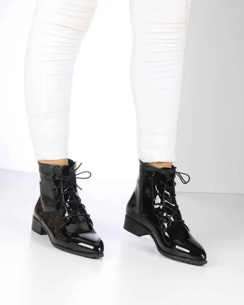 

Mosimoso Women's Ankle Height Boot Alesa Black Patent Leather Lace-up Zipper Women Boots
