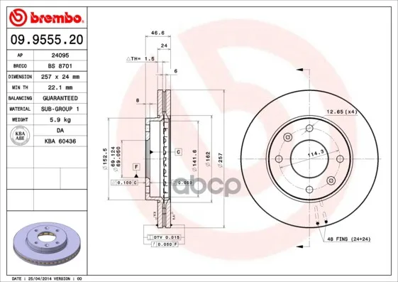 Диск Тормозной Передн Hyundai: Elantra 00-, Matrix 01-05 Brembo арт. 09.9555.20