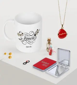 

Personalized Calligraphy Mother Mug Mirror and Enamel Necklace Set