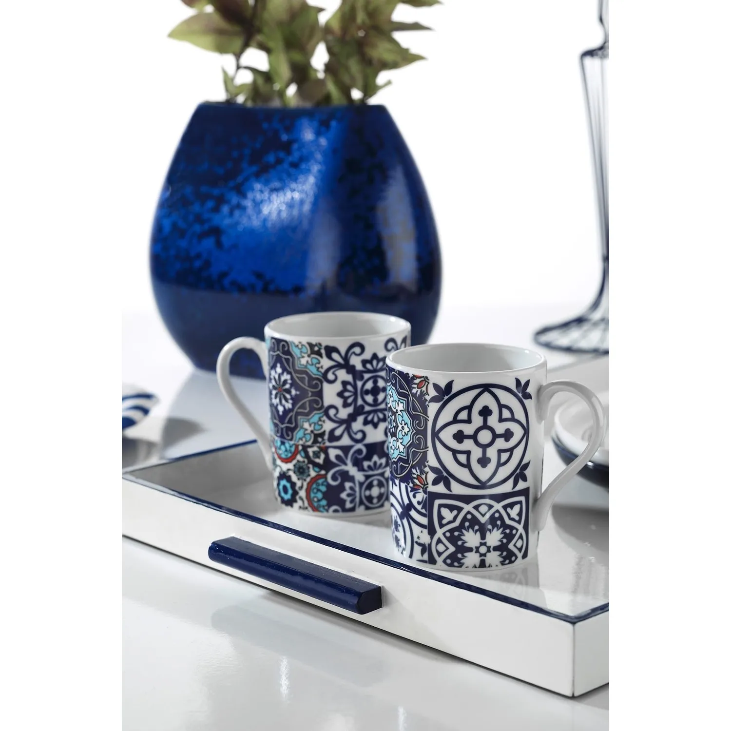 

Set of 2 Kutahya Has Porcelain Mug Glasses 9429 Anatolian red sky blue and white color patterned stylish design mug set beverage