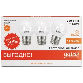 

Lamp GAUSS LED Elementary Globe 7W E 27 2700 K (set of 3 pcs) 53217 T
