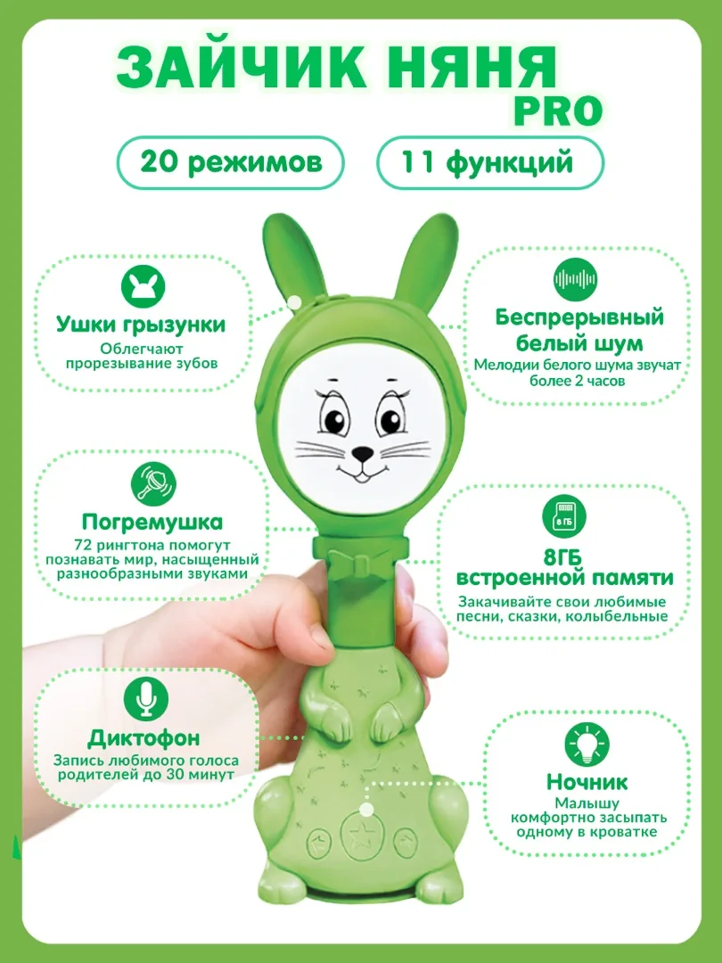 Зайчик Няня Pro с памятью 8Gb/ Развивающая игрушка для малышей. Белый шум песни и