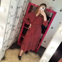 Autumn Winter Dot Bandage Dress Women Casual Ruffles V Neck High Waist Slim Print Long