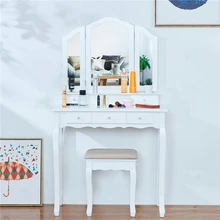 Vanity Set with Cushioned Bench Vanity Makeup Dressing Table Stool with Tri-Folding Mirror 5 Drawers for Cosmetics Storage White