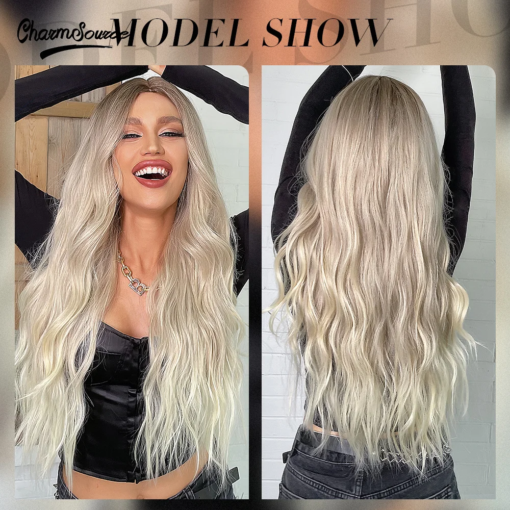 

CharmSource Long Light Blonde Wavy Hair Lace Front Wigs Brown Ombre Blonde Daily for White Women High Density Heat Resistant