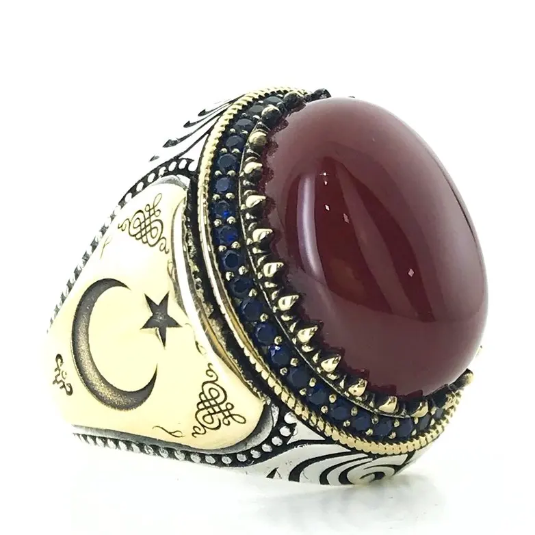 

Natural Agate Stone Handwork Silver Men 'S Ring