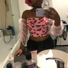 CHRONSTYLE mujeres estampado de mariposa blusas Crop Tops cuello barra larga Puff manga hombro sin espalda jerseys