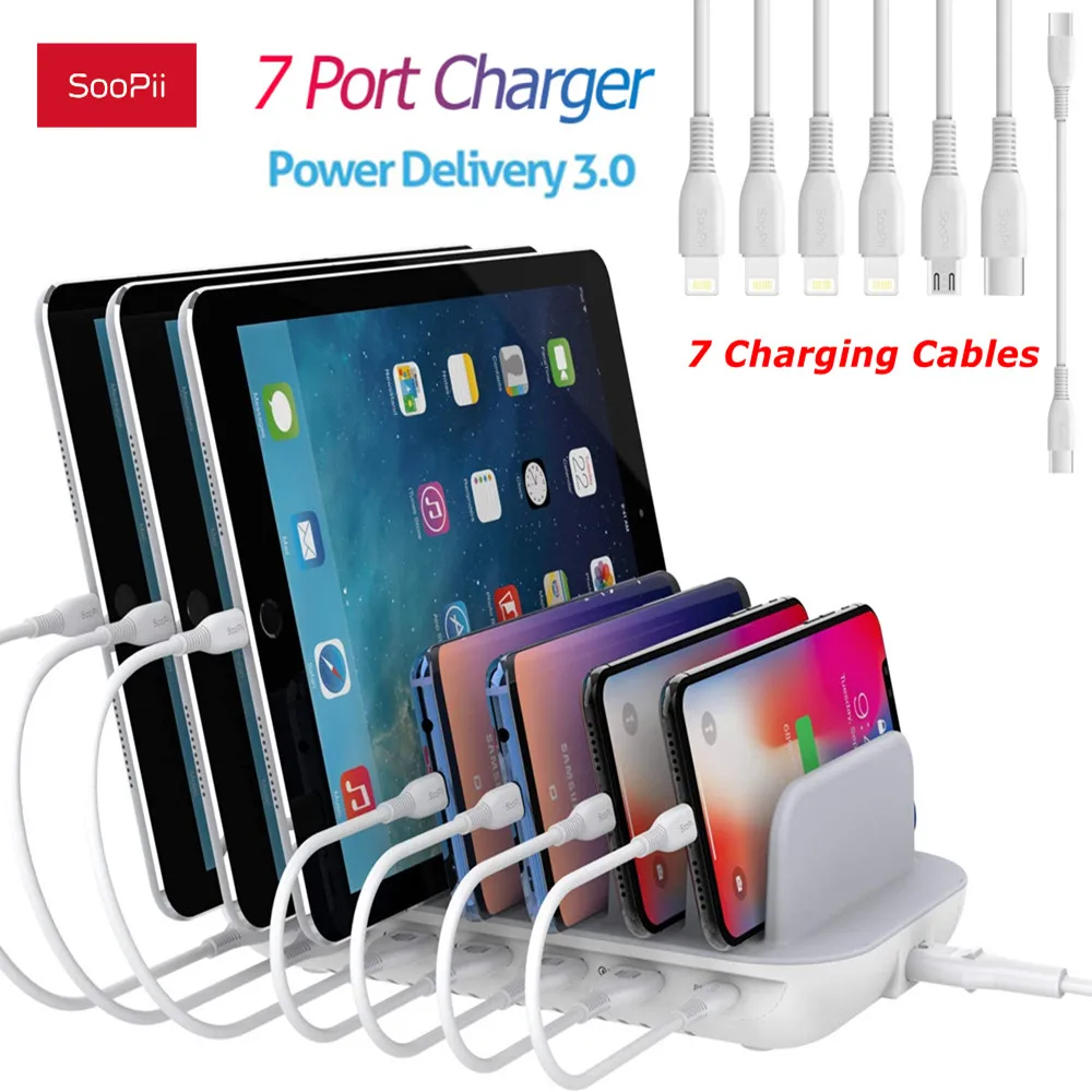 SooPii USB-C Charger Station,70W 7-Port Laptop Charging Station 30W PD Port 7pcs Mixed Charging Cables Included