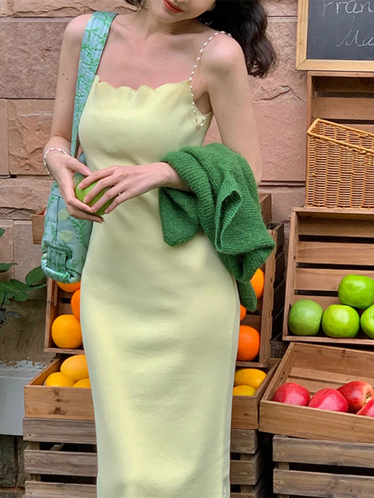 Summer Women Elegant Knitted Spaghetti Strap Dress Female Sleeveless Sexy Midi Vestdios Ladies Fashion Robe summer dresses for women Dresses