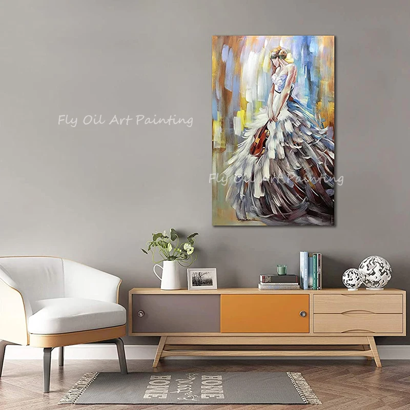 

100% Handmade Figure girl playing violin musical instrument thick portrait oil painting for office living room decoration