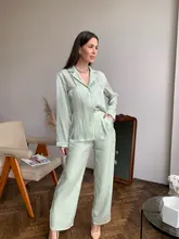 Shirt Leg-Pants Trousers Women Two-Pieces-Set OOTN Long-Sleeves Elegant Female Green