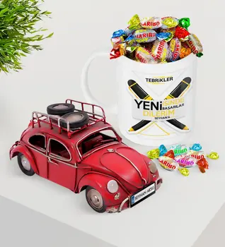 

Personalized New She Devotes The Success In Platter Nostalgic Red Metal Beetle and Mug Haribo Candy Seti-5