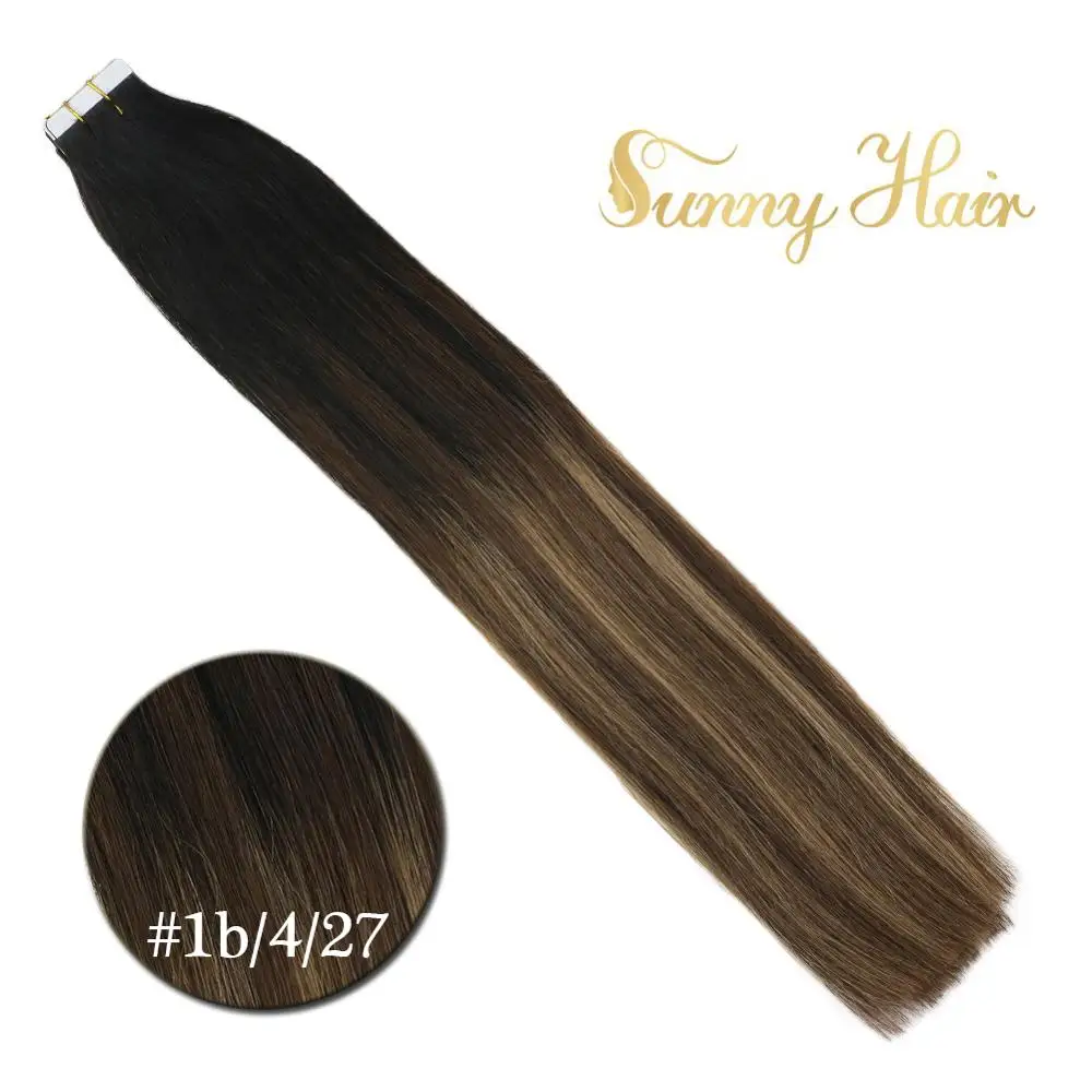 

VeSunny Tape in Hair Extensions 100% Real Human Hair Balayage Natural Black to Brown mix Blonde #1b/4/27 Remy Quality