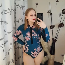 Bañador estampado de flores para mujer, una pieza, monokini, manga larga, traje de baño para surfear