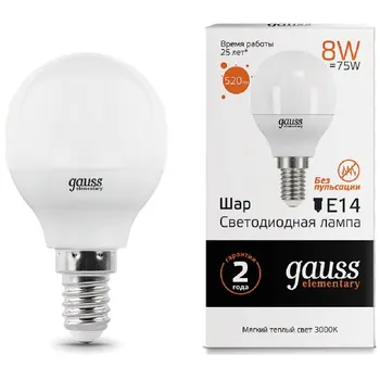 

Gauss bulb led Elementary ball 8W E14 520lm 3000K 53118 pack 10 PCs