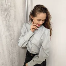 Turtleneck Blouse Puff-Sleeve White Shirt Ladies Top OOTN Office Elegant Casual Solid