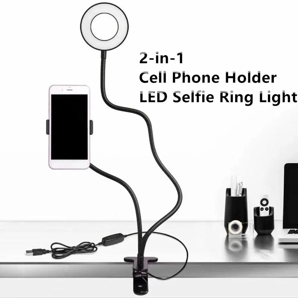

2-in-1 LED Selfie Ring Lamp Flash Dimmable Cell Phone Holder Clip USB For Makeup Live Stream YouTube Video Camera Photography