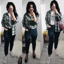 Plaid Shirt Tops Long-Sleeve Office Women Coat Loose Ladies Karsany And