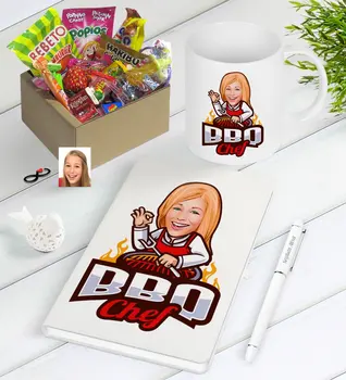 

Personalized Women 'S BBQ Chef Caricature Of Nostalgic Lezzetler Notebook Pen Mug Gift set