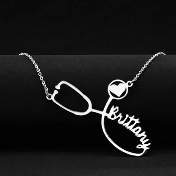 

Christmas Necklace Stainless Steel Custom Name Personalized Stethoscope Heartbeat Necklaces Women's Minimal Heart 2019 Collier
