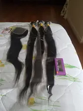 Pelo humano brasileño que rebota, mechones de pelo liso con cierre, Color Natural, pelo Remy, 3 mechones con cierre de encaje