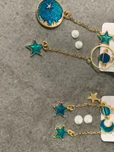Pendientes asimétricos de círculo azul esmaltado para mujer, de estilo coreano, estrella, Luna, planeta, no perforados, regalo de fiesta