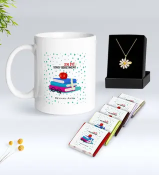 

Personalized Best Grade Teacher White Mug Chocolate and Is Daisy Necklace Gift Seti-13