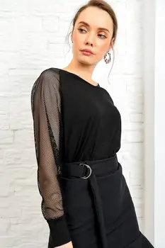 

Trend Alacati Style Women 'S Black V Collar Sleeves Fishnet Manşetli Bluz ALC-X3711