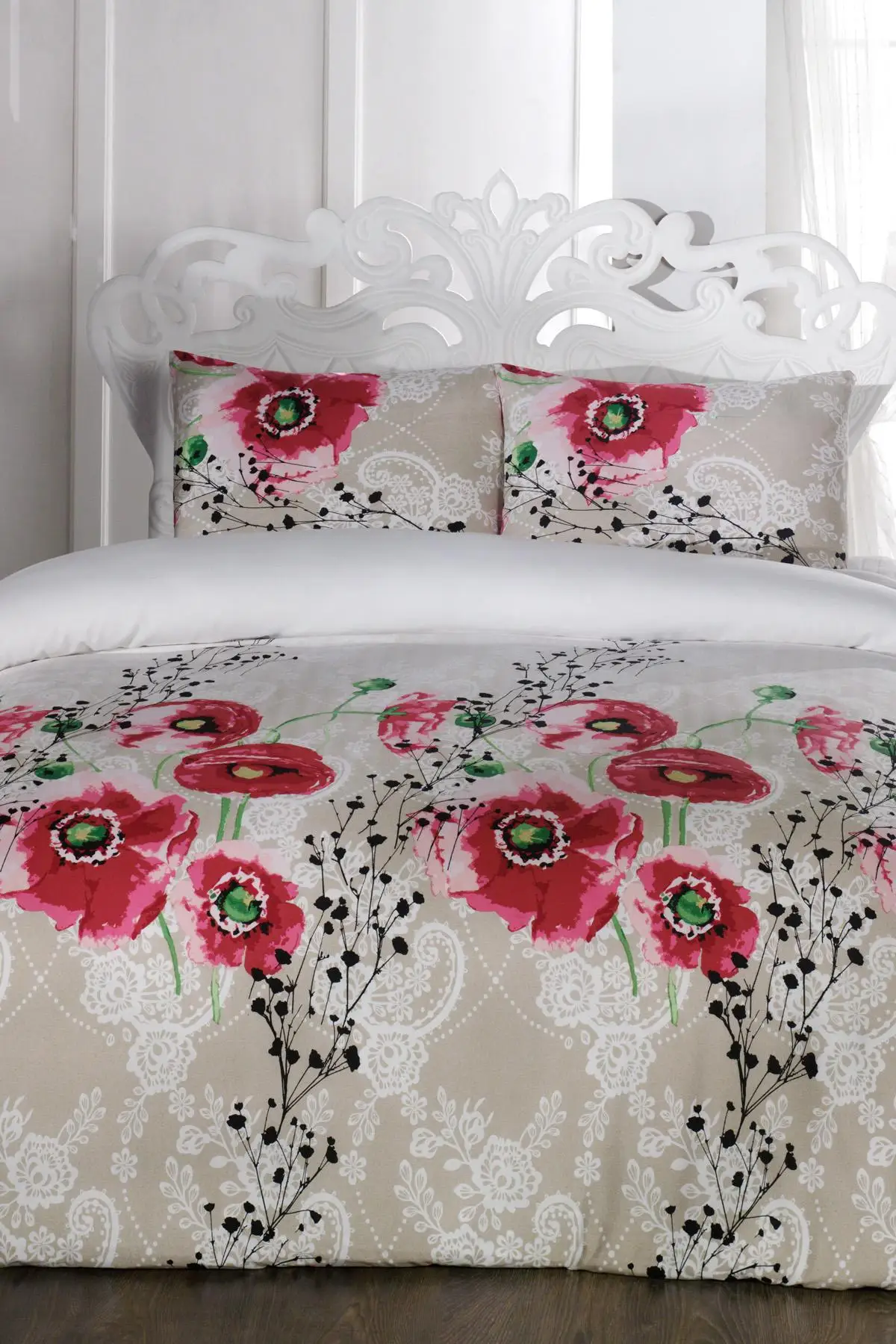 

Bedding Set fitted sheet with 100% Cotton | Luxury Ranforce Bed Linen Set 4 pcs Duvet Cover Set from Turkey poppy