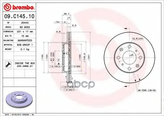 Диск Тормозной Передн, Honda: Jazz Ii 02-08, Jazz Iii 08-, Jazz 03- Brembo арт. 09.C145.10