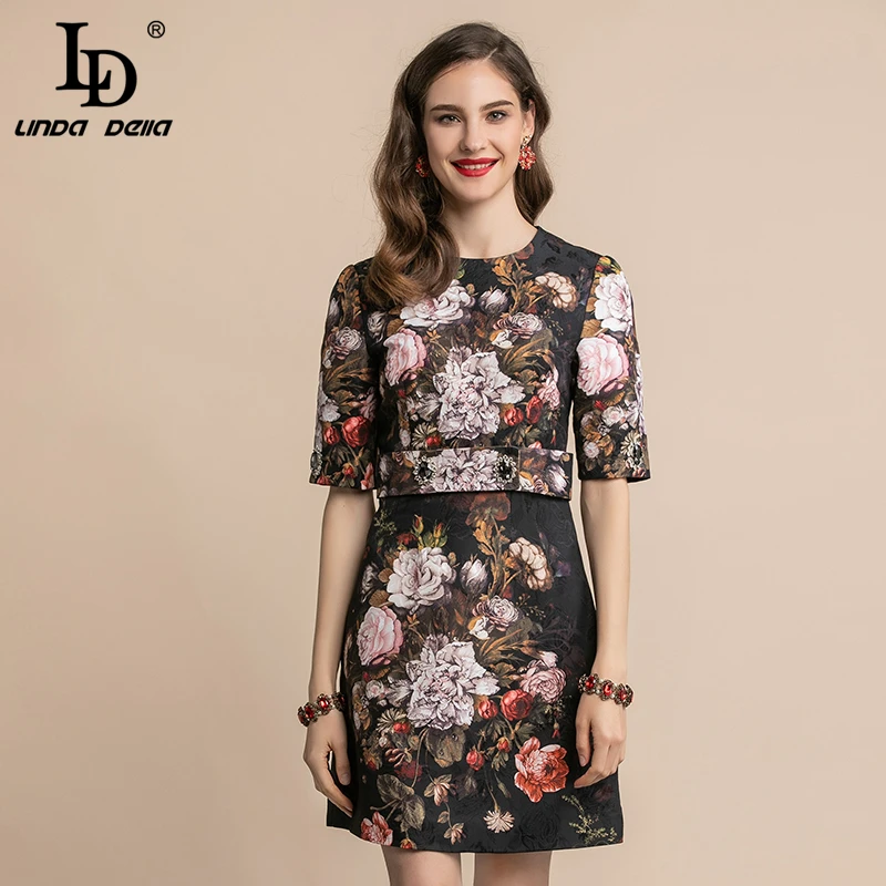 

LD LINDA DELLA Summer Fashion Runway Retro Mini Dress Women's Short Sleeve Gorgeous Crystal Belted Floral Print Vintage Dress