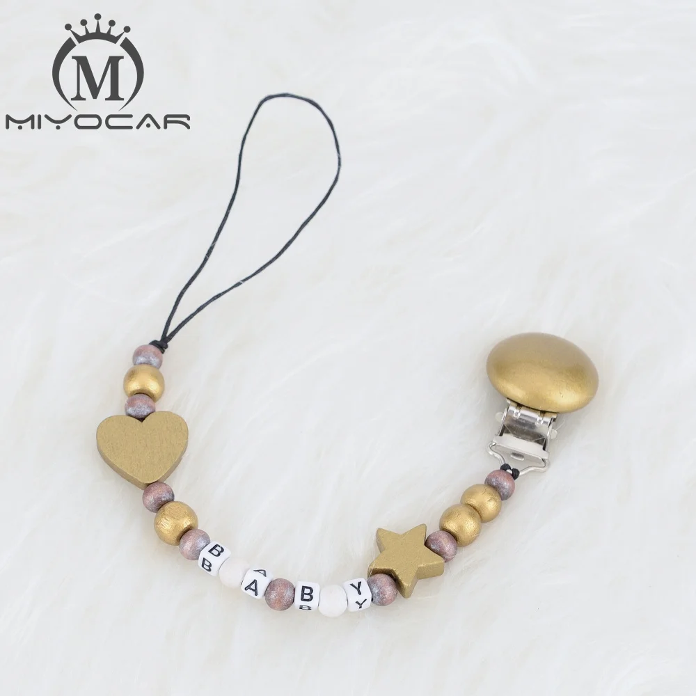 MIYOCAR Personalised Any name sliver gold wooden beads with gold ring dummy clip holder pacifier clip soother chain teether clip images - 6