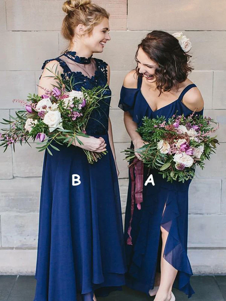 

Charming Royal Blue Lace High Collar Long Bridesmaid Gowns Sleeveless Mix Style Maid Of Honor Dresses Back Out