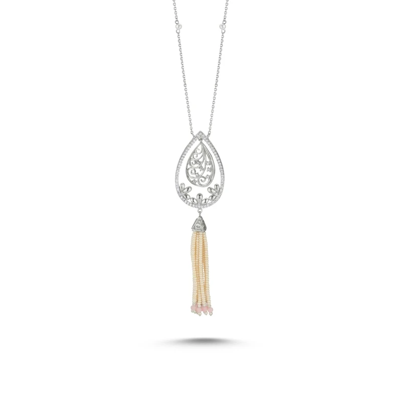 

Armagano Majorca Pearl and Pink Quartz Tassels Zircon Cubic Zirconia Necklace