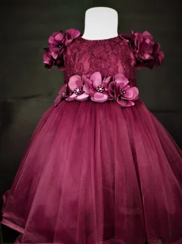

New Year clothing lace Dress Flower Puffy Tulle Birthday Dress Girl Kid Dress Maroon colour Festival party Dress