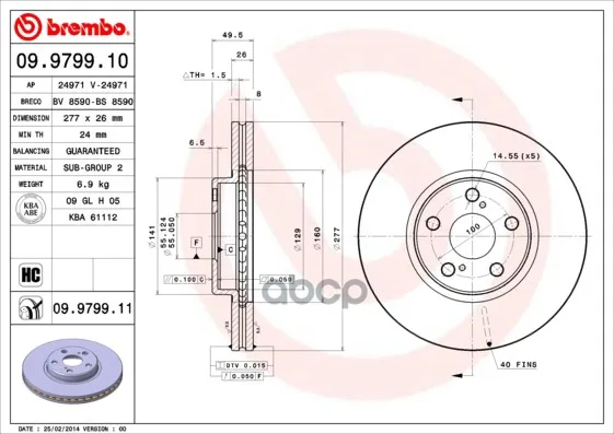 Диск Тормозной Передн Toyota: Avensis 03-, Avensis Седан 03-, Avensis Универсал 03- Brembo арт. 09.9799.10