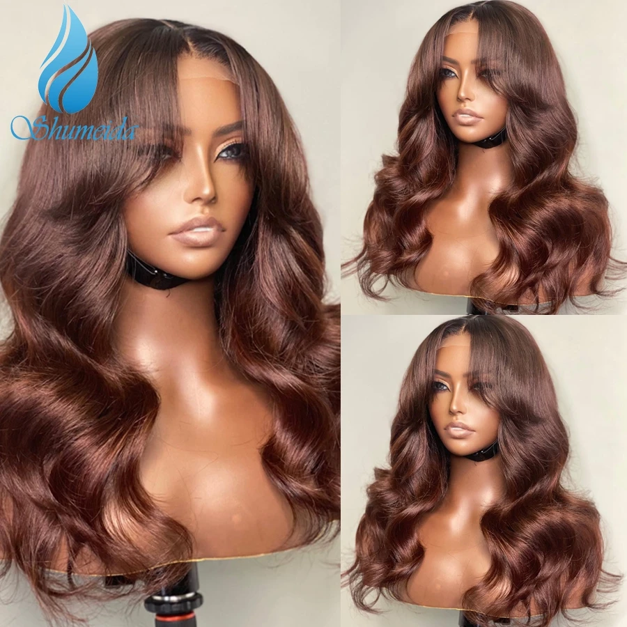 Shumeida Brown Color 13*6 Lace Front Wigs with Baby Hair Peruvian Remy Human Hair Wigs Body Wave Glueless Wigs for Black Women