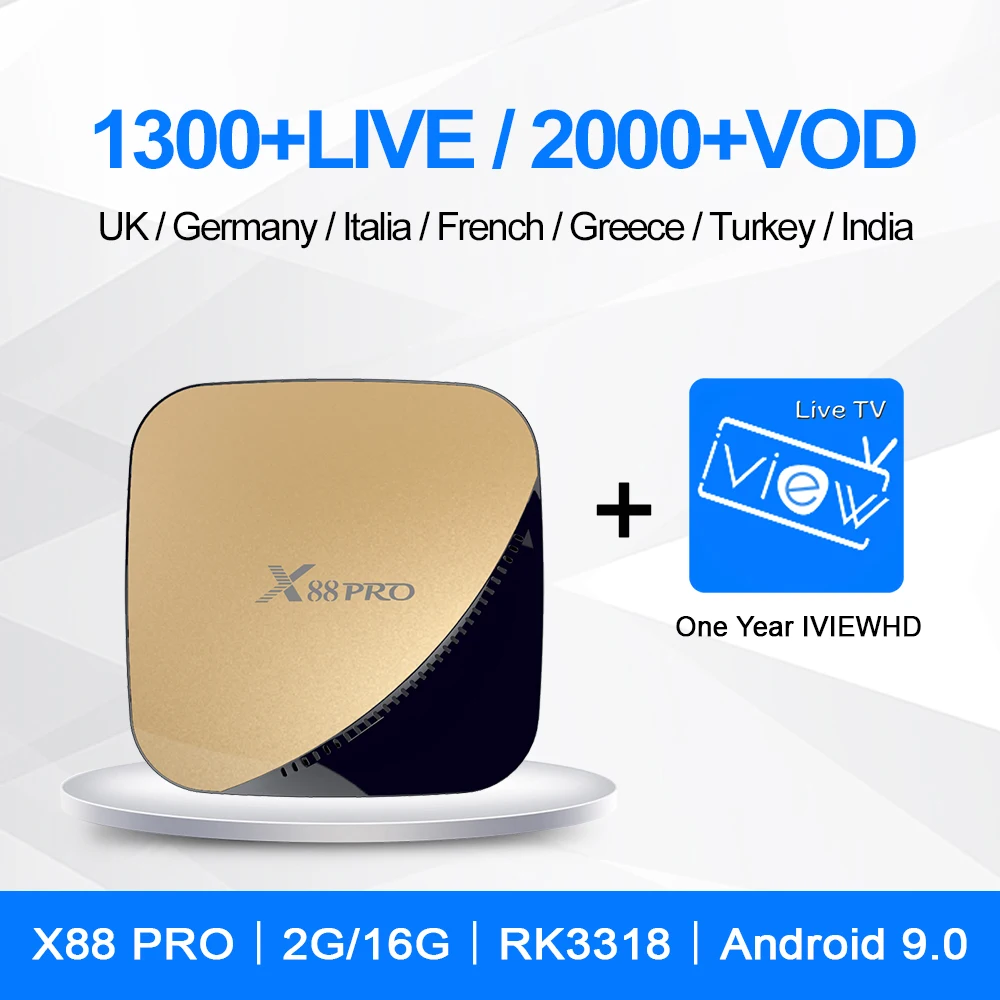 Apkin tv box IView HD один год подписка X88 Pro Android 9,0 RK3318 2G 16G Smart tv Box арабский греческий Германия Великобритания каналы