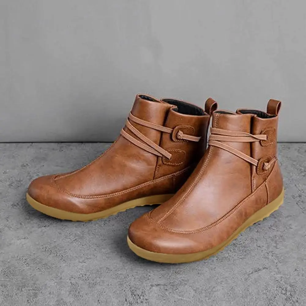Women's Snow Boots Vintage Leather Boots Flat Waterproof Winter Round Toe ankle boots for women Versatile Platform boots women