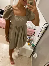 Ladies Dress Puff-Sleeve Square Collar Linen Khaki Vintage High-Waist Casual Summer Women