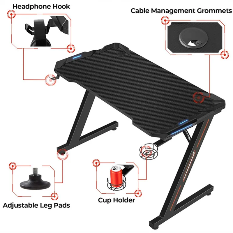 Z-Shaped Computer Desk Gamer Tables Racing Gaming Desks Carbon Fiber Surface LED Lights Cup Holder Headphone Hook Mouse Pad New