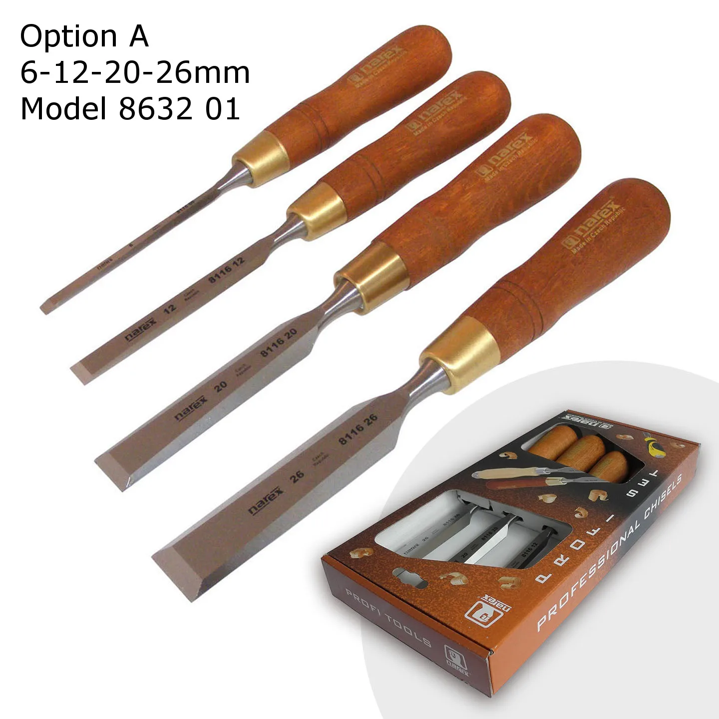 Set of 4pcs Bevel Edge Chisels PREMIUM in Paper Box, Model 8632, Narex,  Wood Line Plus, Fine Woodworking