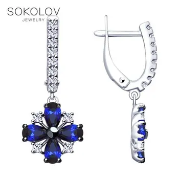 

SOKOLOV rings of silver with a blue corundum (synt.) And cubic zirconia, fashion jewelry, 925, women's male, long drop earringswith stones, long earrings