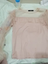 Blusa de manga larga ahuecada con volante elegante para otoño, camisa Sexy de malla transparente con cuentas y cuello redondo para mujer