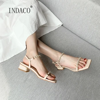 

Women Summer Pearl Sandals Genuine Leather Beige Green Low Heel Comfortable Summer Shoes 3cm
