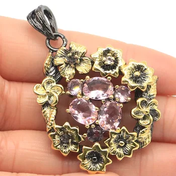 

53x38mm 2020 Sublime Antique Pink Kunzite Gift For Woman's Black Gold Silver Pendant